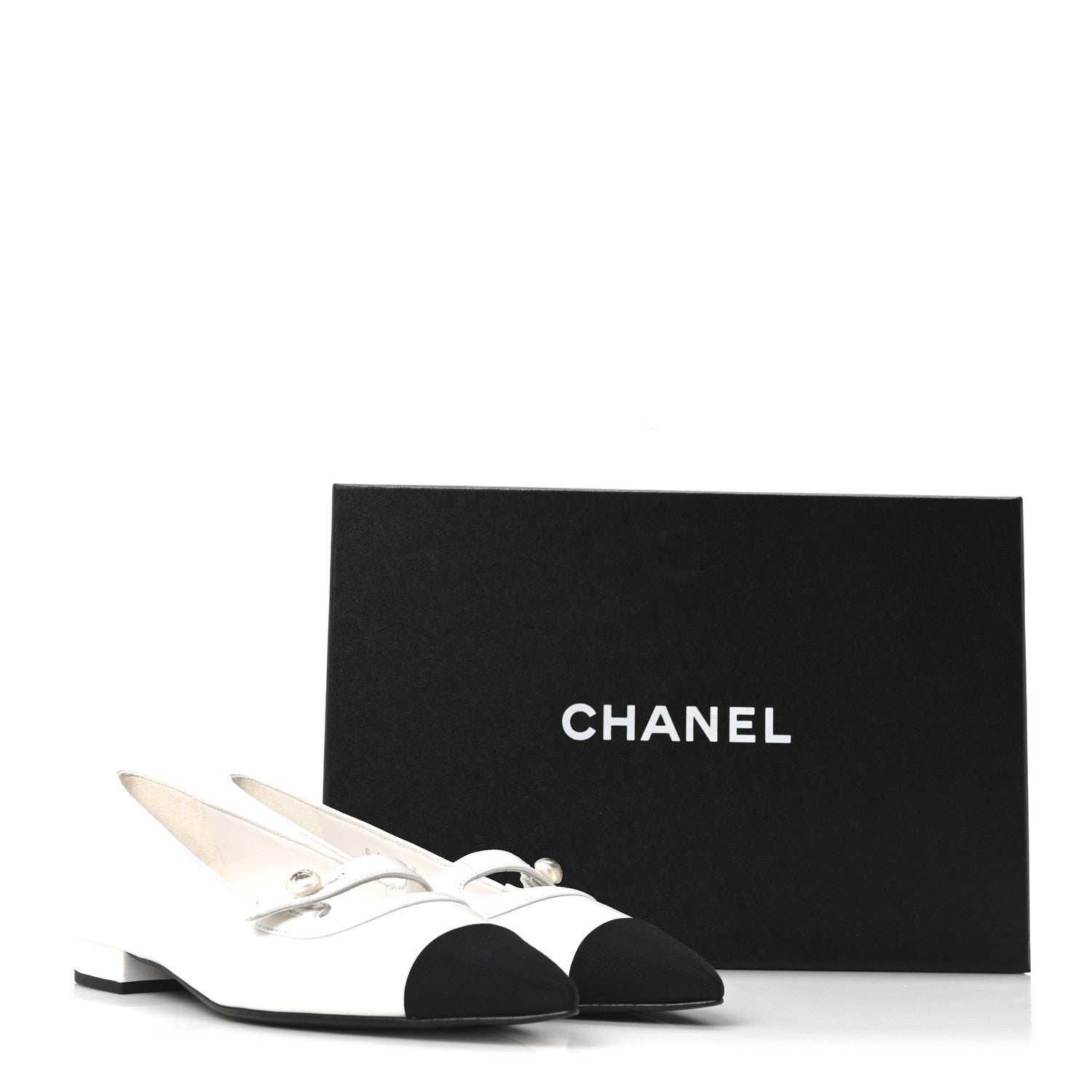 Chanel Shiny Lambskin Grosgrain Pearl Mary Janes Flats 37.5 White Black