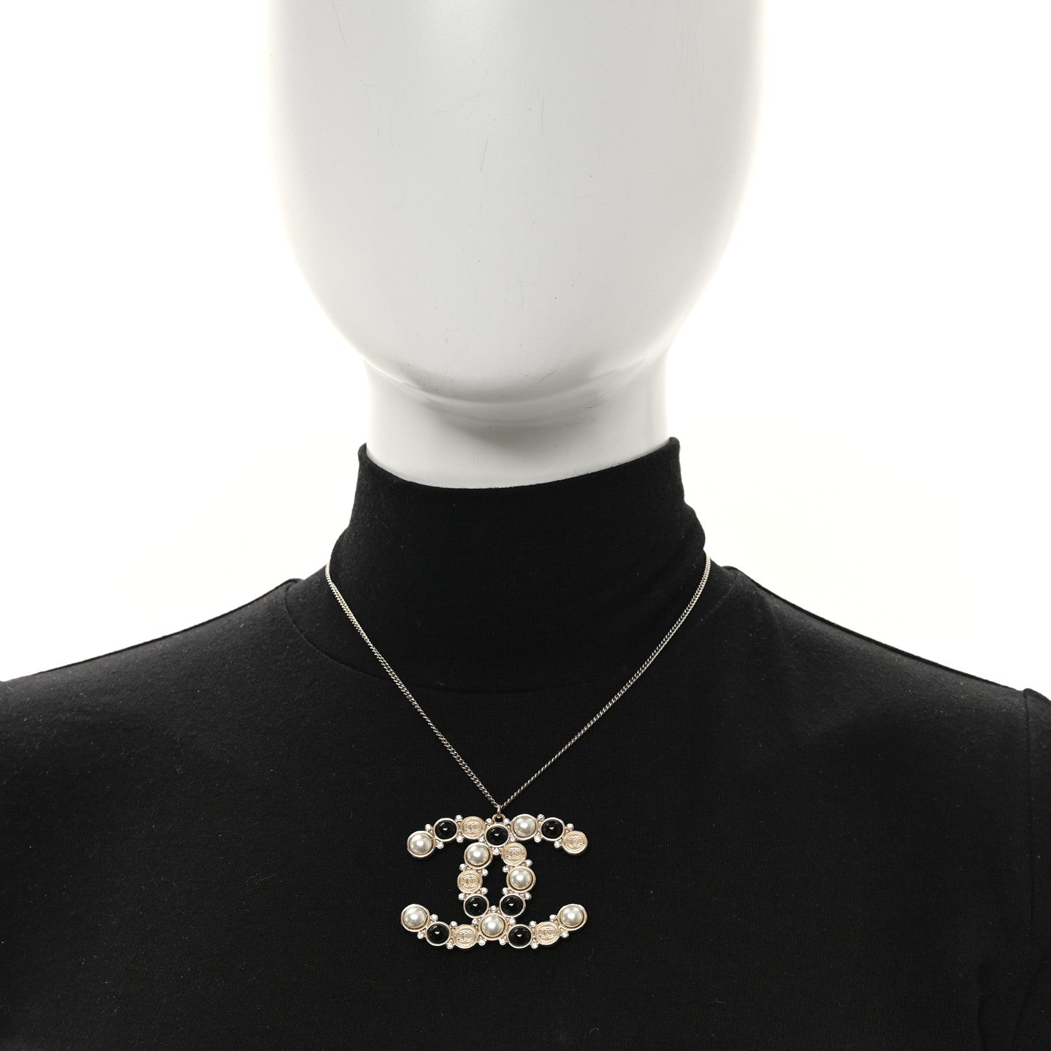 Crystal Pearl CC Chain Necklace Gold Black