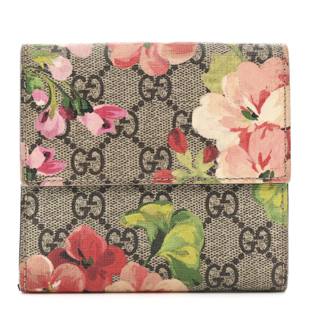 Gucci GG Supreme Monogram Blooms French Flap Wallet Beige Multicolor Dry Rose