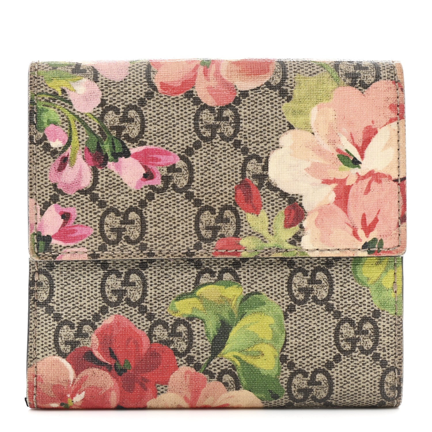Gucci GG Supreme Monogram Blooms French Flap Wallet Beige Multicolor Dry Rose