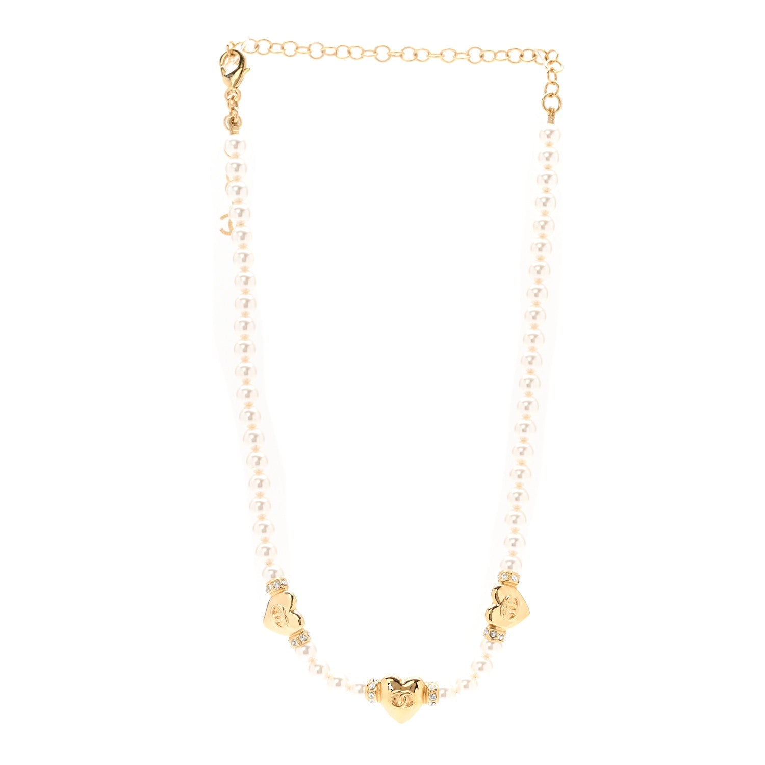 Crystal Pearl CC Heart Choker Necklace Gold