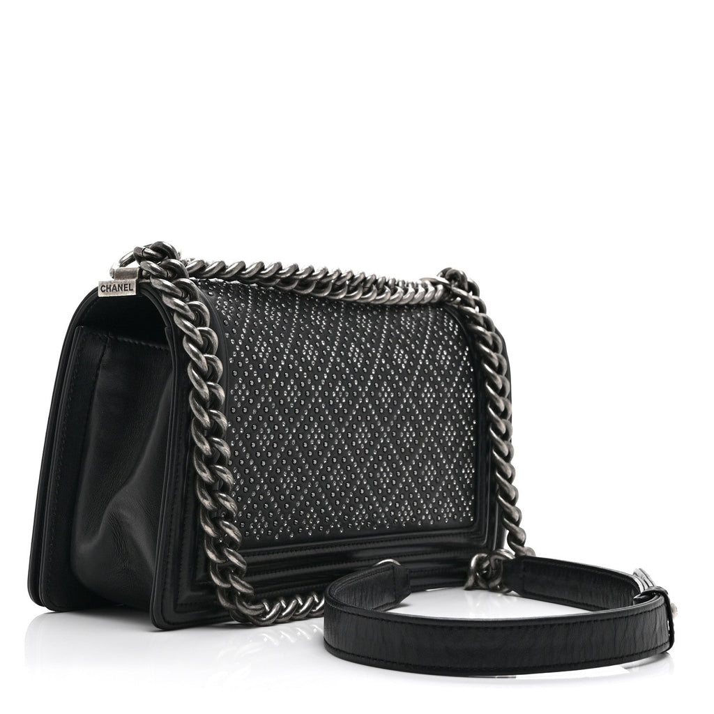 Chanel Calfskin Crystal Studded Quilted Medium Boy Flap  Black
