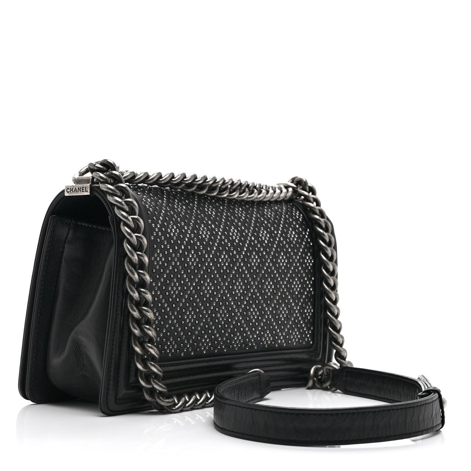 Chanel Calfskin Crystal Studded Quilted Medium Boy Flap  Black