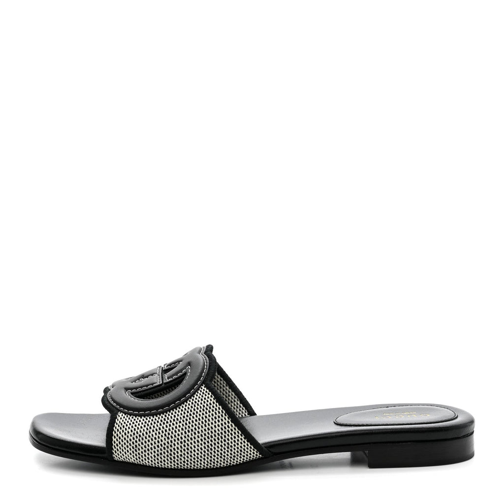 Gucci Cosmo Softy Calfskin Canvas Interlocking G Cut Out Slide Sandals 37.5 Natural Black