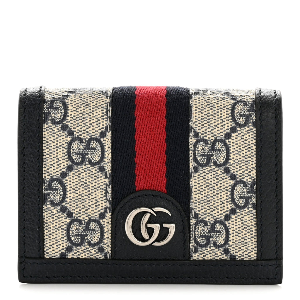 Gucci GG Supreme Monogram Textured Dollar Calfskin Web Ophidia Card Case Beige Blue