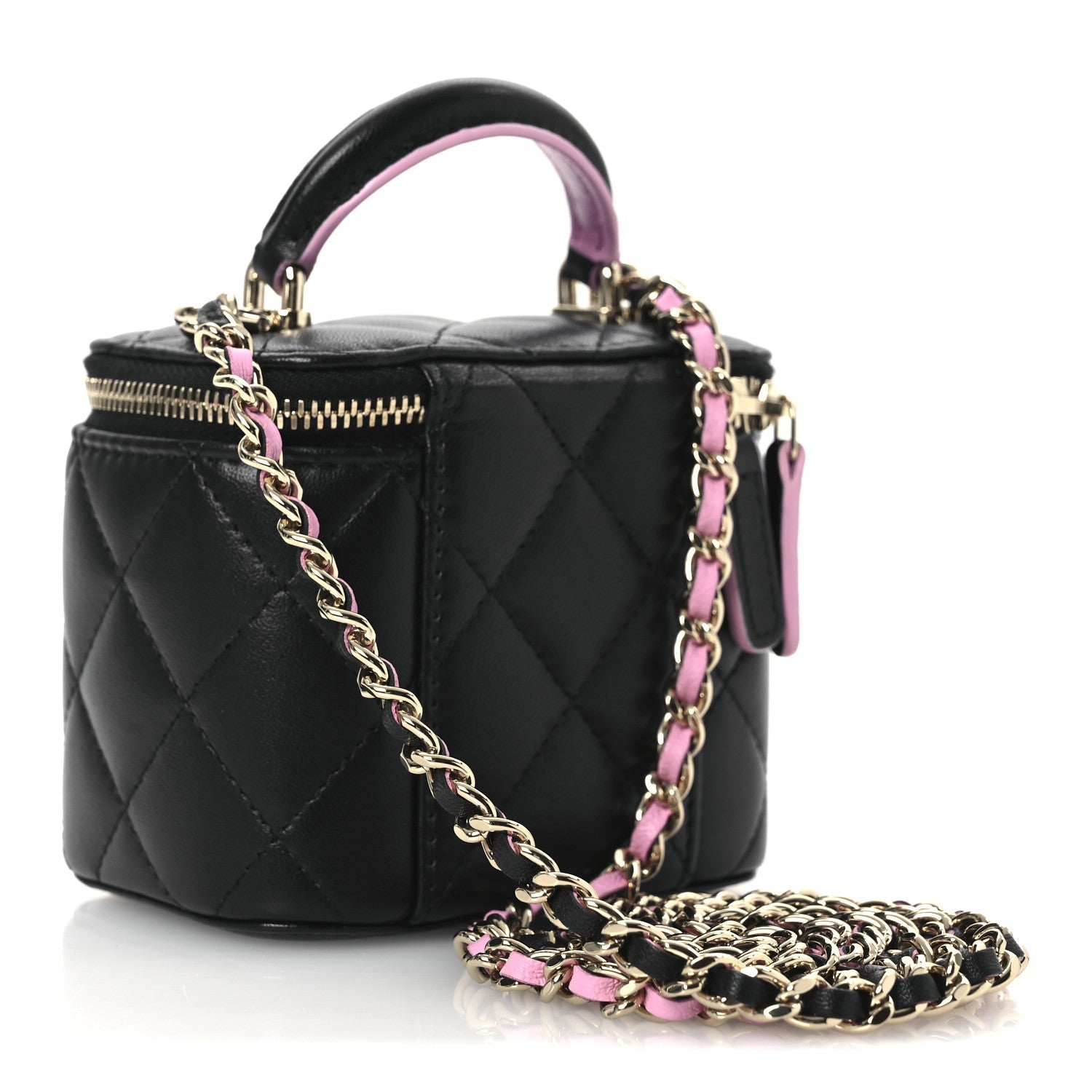 Chanel Lambskin Quilted Top Handle Mini Vanity Case With Chain Black Pink