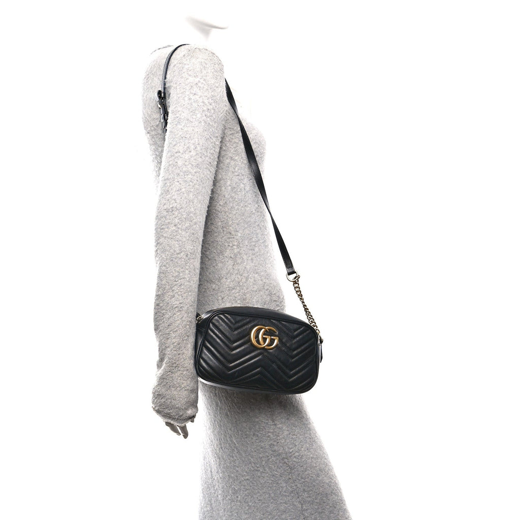 Gucci Calfskin Matelasse Small GG Marmont Chain Shoulder Bag Black