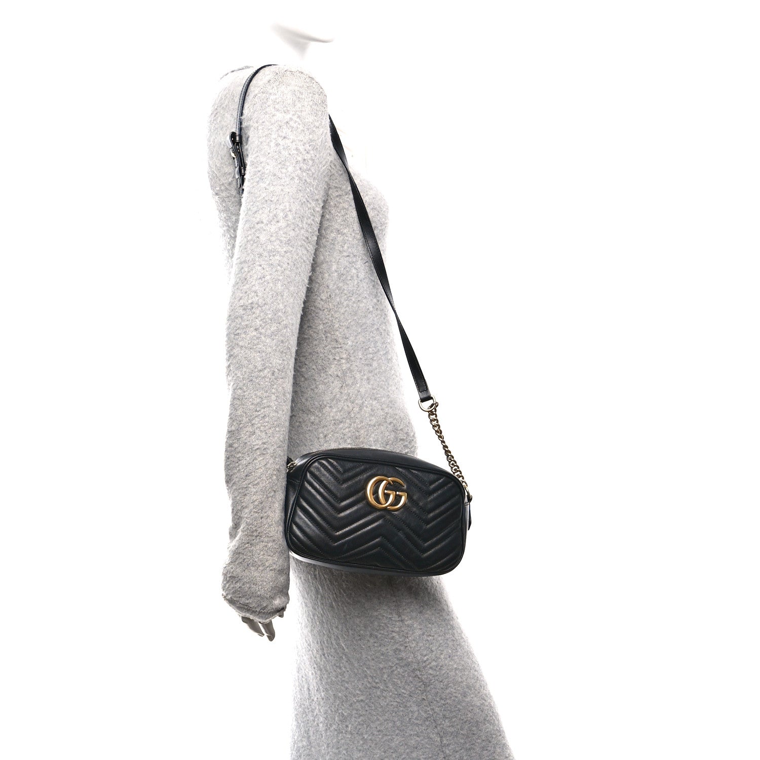 Gucci Calfskin Matelasse Small GG Marmont Chain Shoulder Bag Black