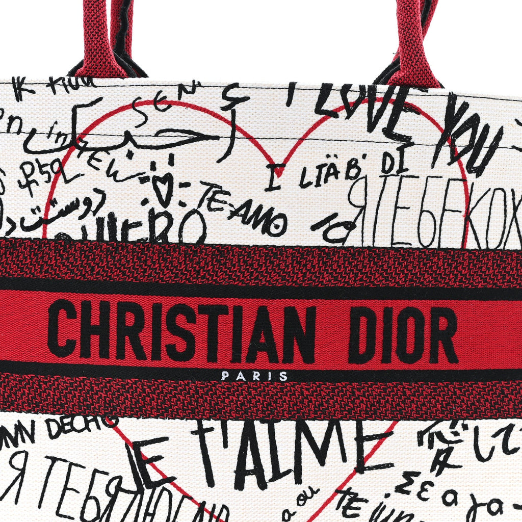 Christian Dior Canvas Embroidered Medium Dioramour Graffiti Book Tote Latte Multicolor