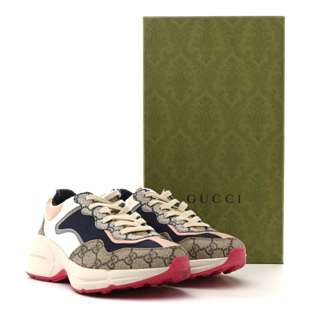 Gucci GG Supreme Monogram Mix Monogram Womens Rhyton Sneakers 37.5 London Blue Beige Pale Pink