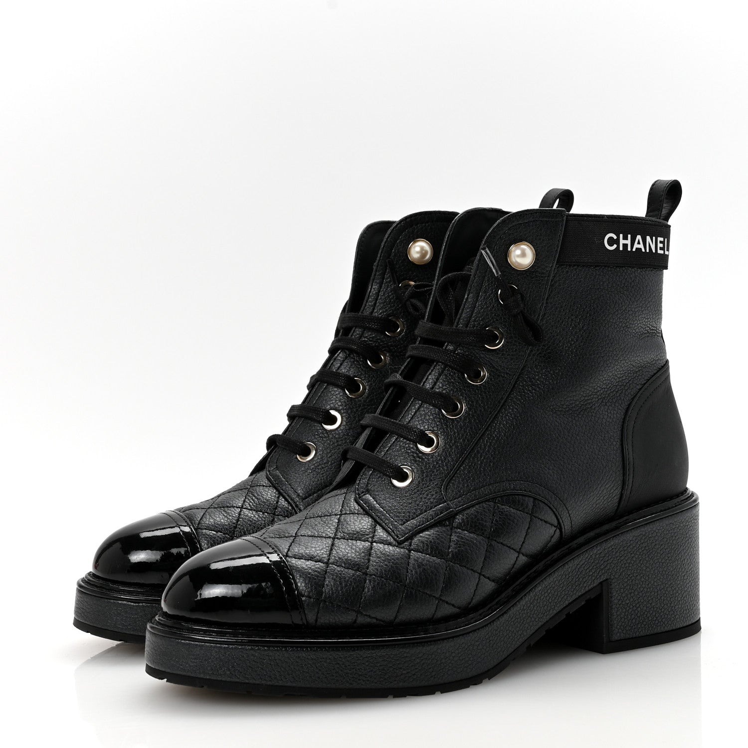 Pearly Calfskin Patent Calfskin Lace Up Combat Boots 37 Black