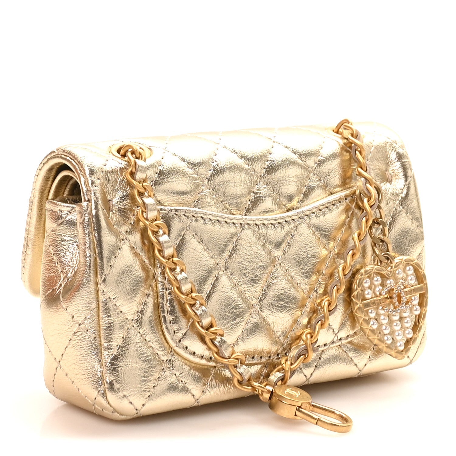 Metallic Calfskin Quilted Mini Flap Bag Charm With Hook Golden