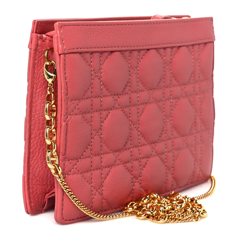 Christian Dior Calfskin Cannage Caro Zipped Pouch With Chain Coral Powder