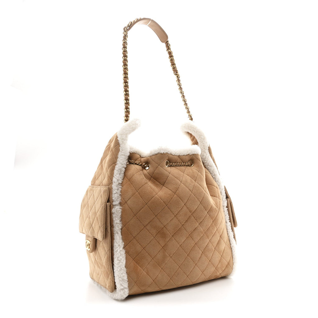 Chanel Suede Shearling Quilted Medium Chanel 25 Handbag Beige Natural