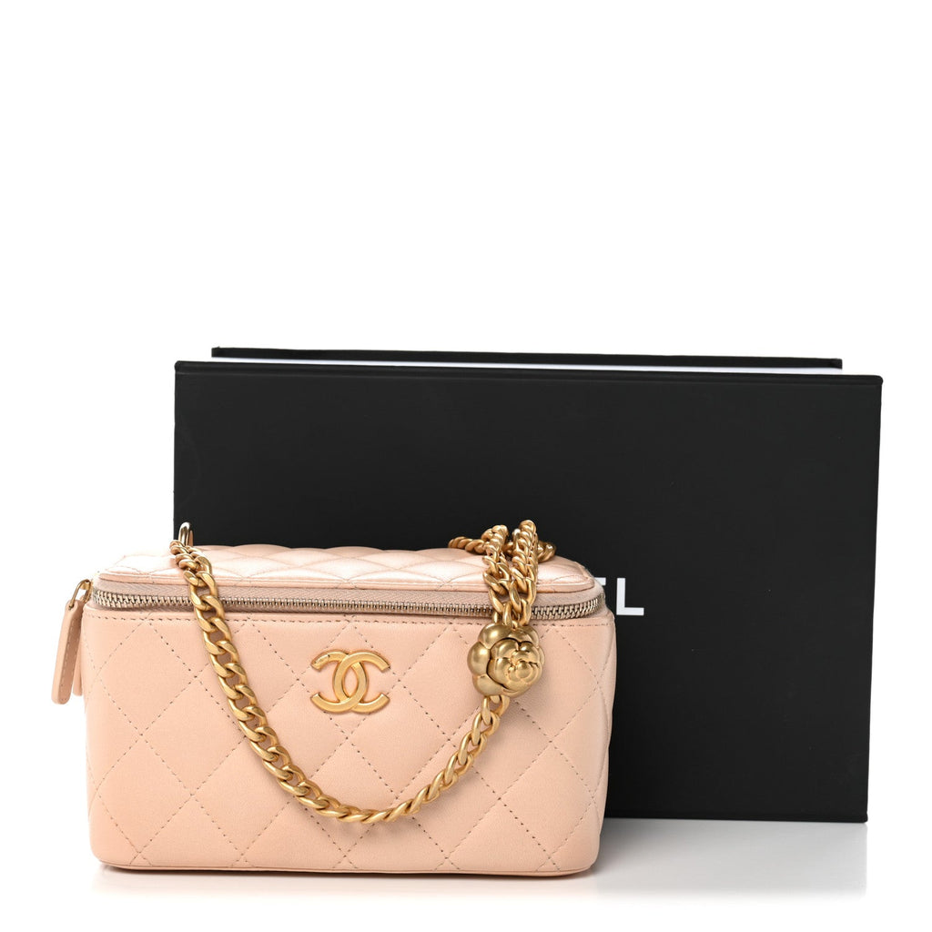 Chanel Lambskin Quilted Sweet Camellia Small Vanity Case With Chain Pink