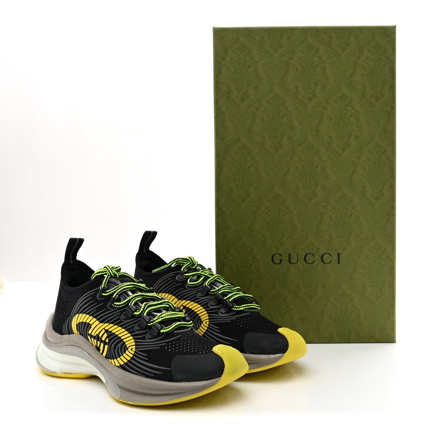 Gucci Technical Knit Fabric Waves Womens Gucci Run Sneakers 35.5 Black Silver Giallo Neon Yellow