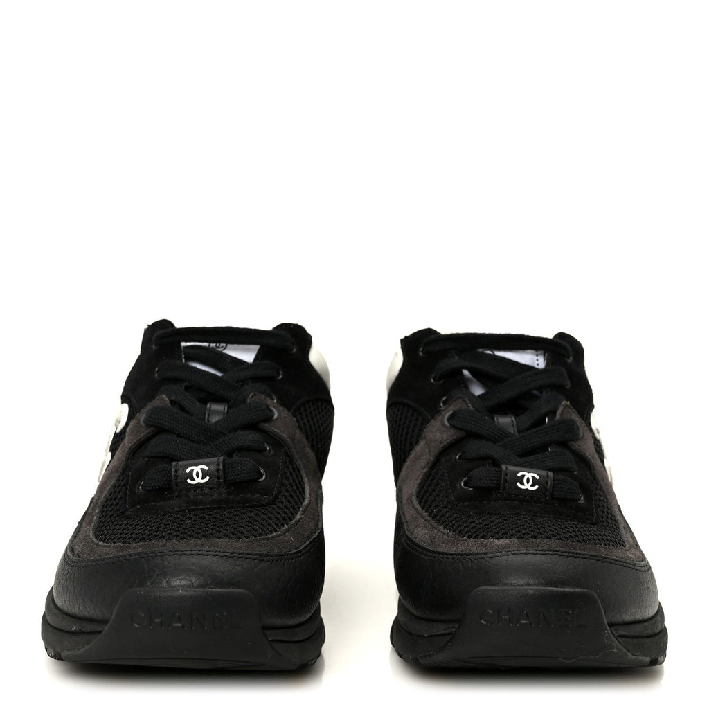 Mesh Suede Grained Calfskin Womens CC Sneakers 37 Black White