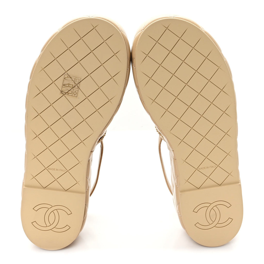 Chanel Shiny Lambskin Quilted Chain Around CC Platform Sandals 39.5 Beige