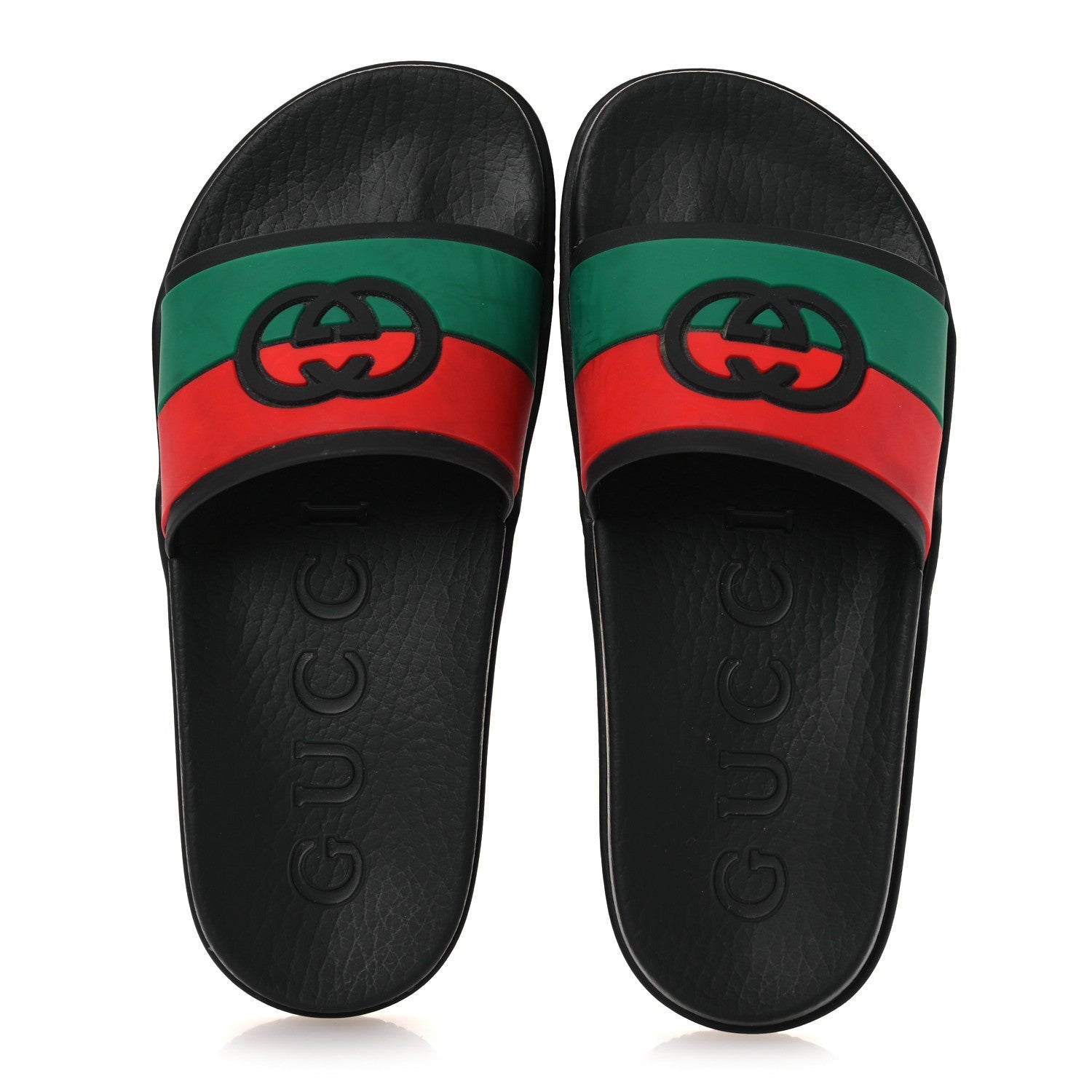 Gucci Rubber Web Womens Interlocking G Slide Sandals 33 Black Green Red