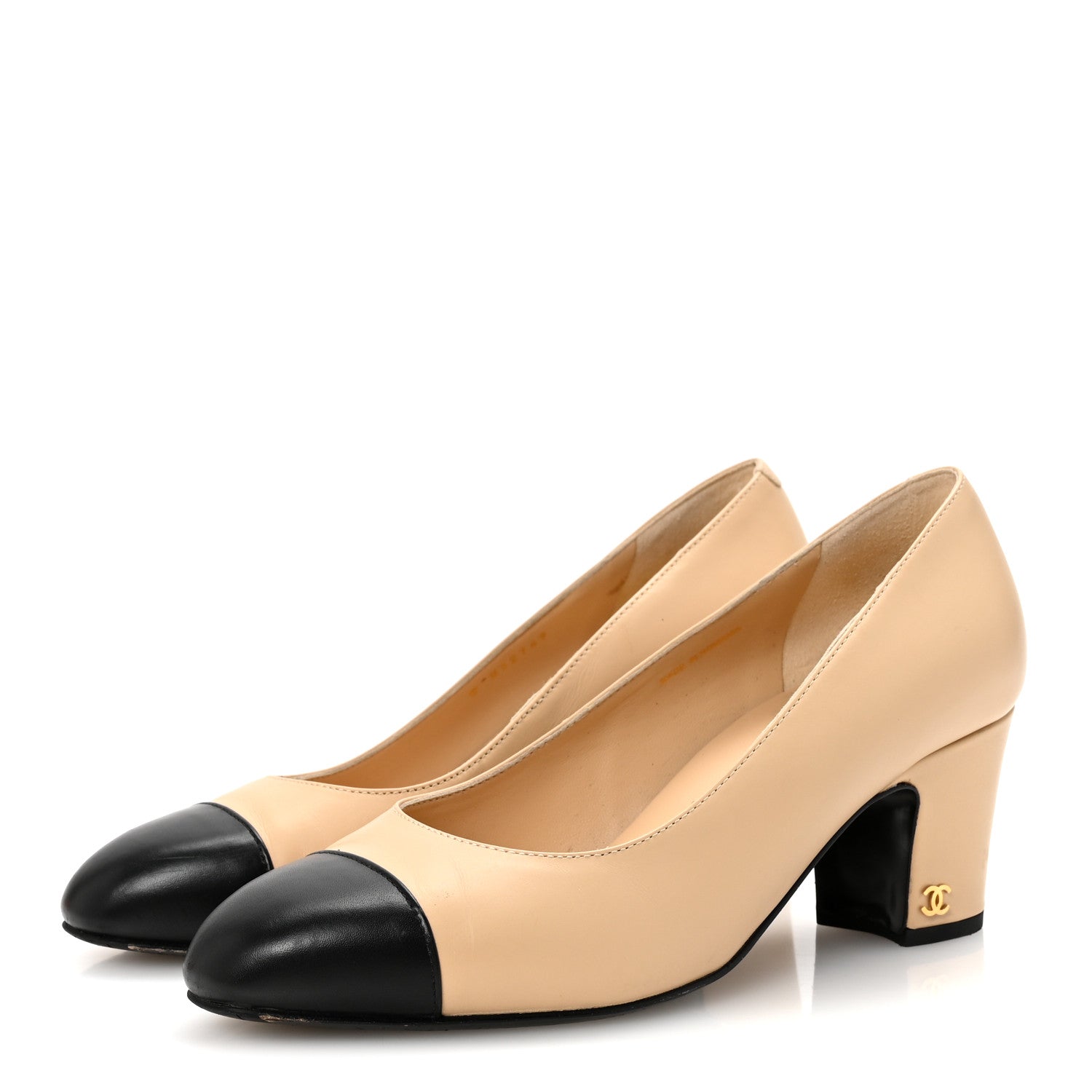 Lambskin Cap Toe CC Uniform Pumps 38 Beige Black