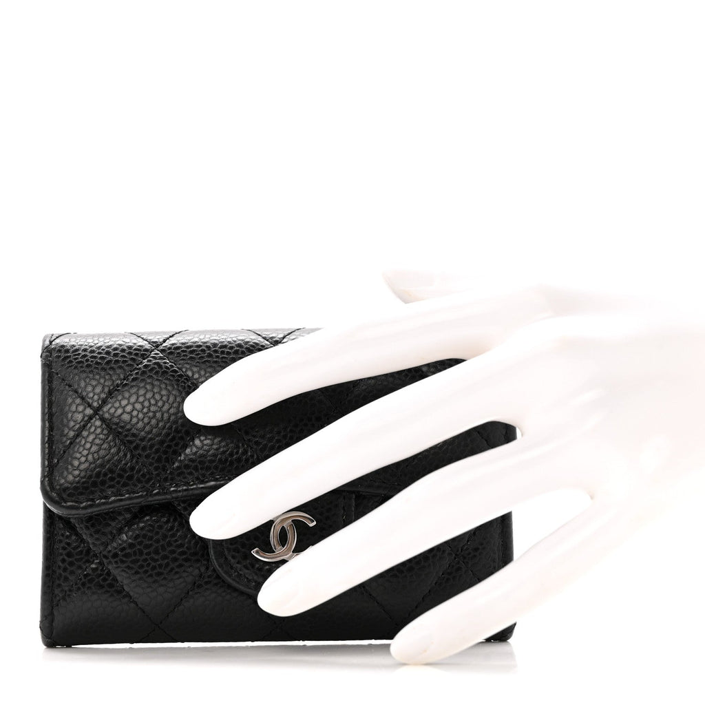 Caviar Quilted Flap Card Holder Wallet Black