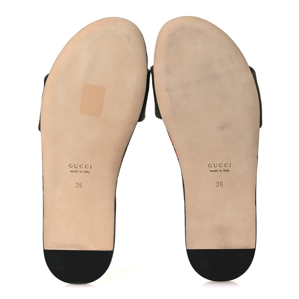 Gucci Canvas Flora Floral Horsebit Slide Sandals 36 Green