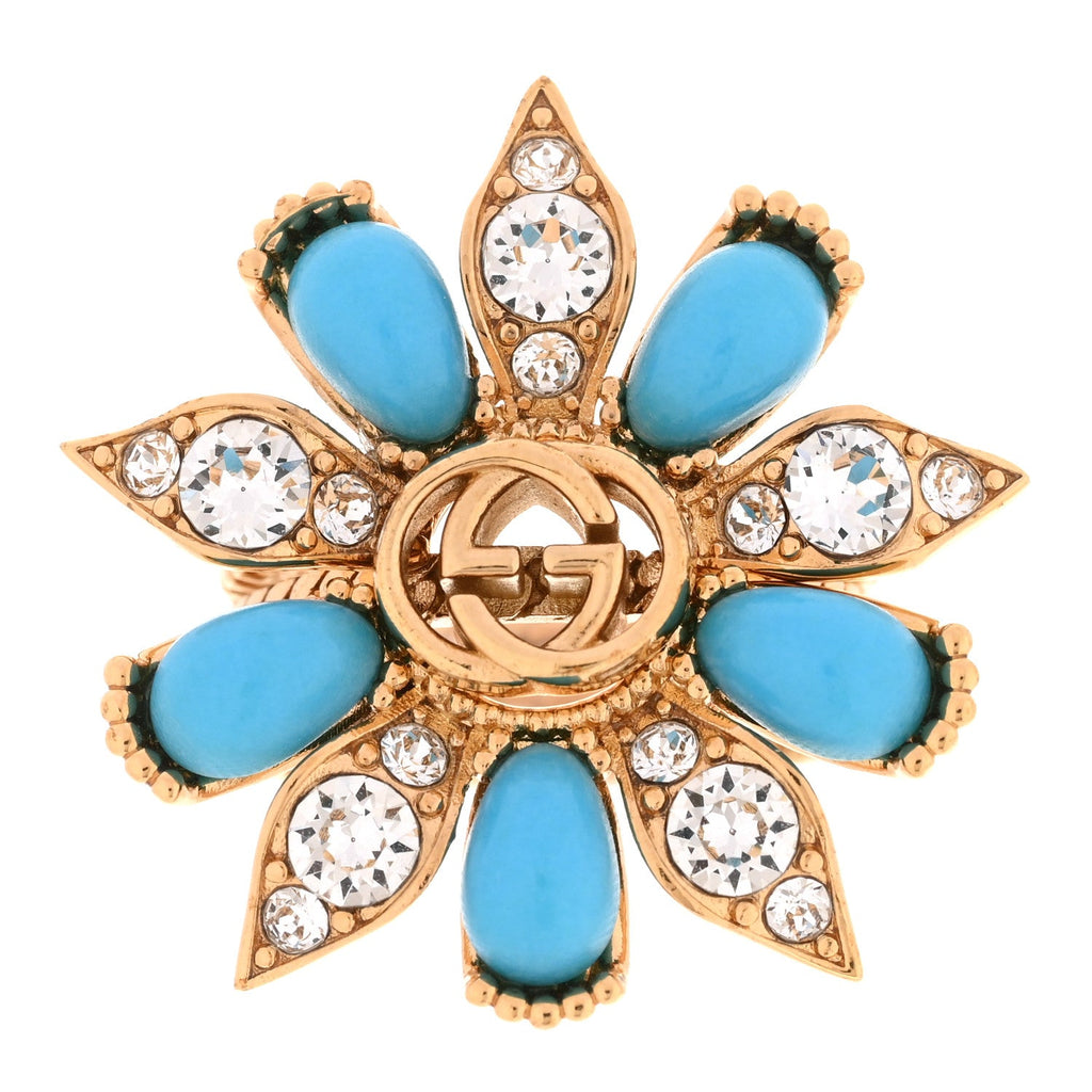 Gucci Metal Crystal Interlocking G Ring Set 53 6.25 Gold Turquoise