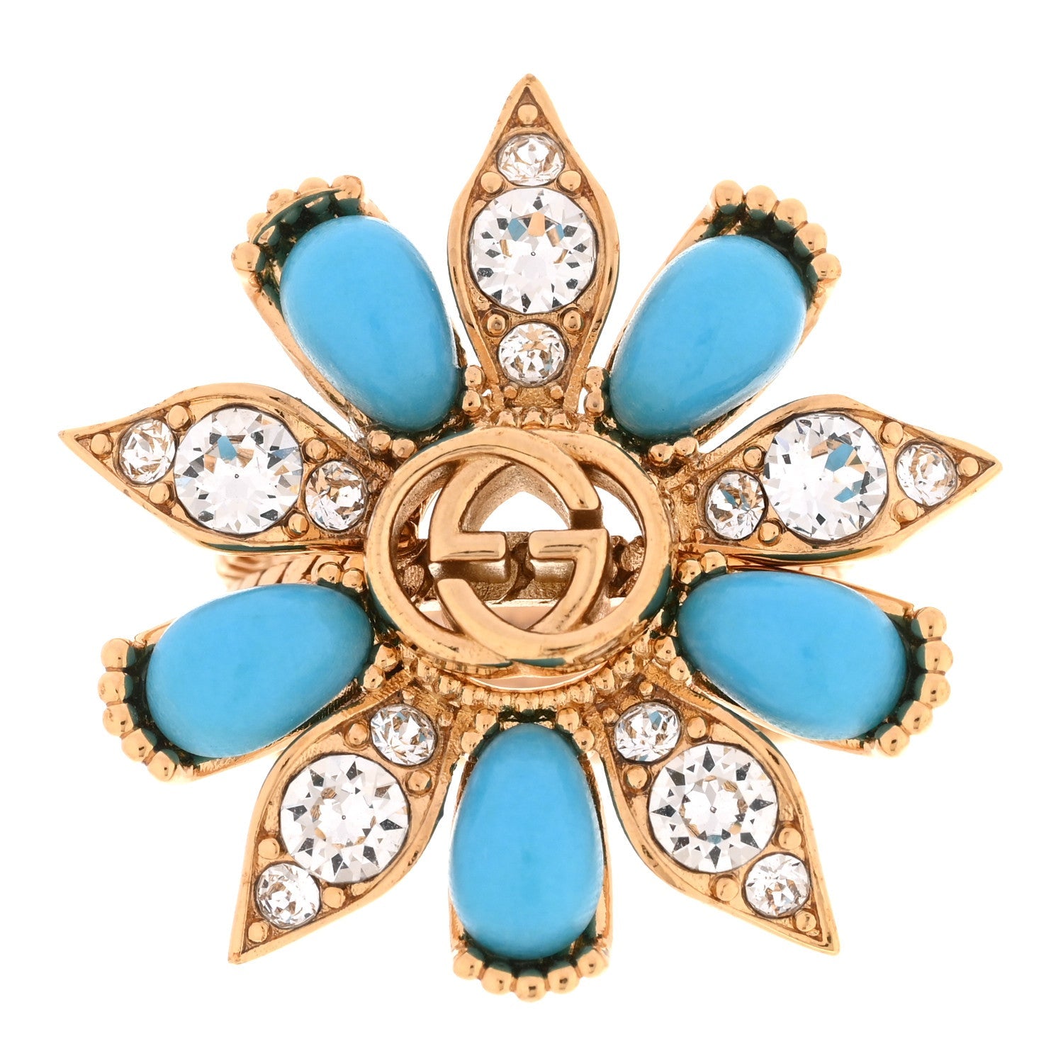 Gucci Metal Crystal Interlocking G Ring Set 53 6.25 Gold Turquoise