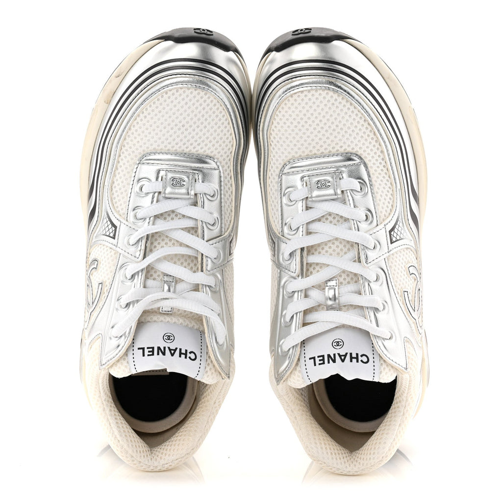 Fabric Laminated Calfskin Stretch CC Womens Sneakers 40 White Silver