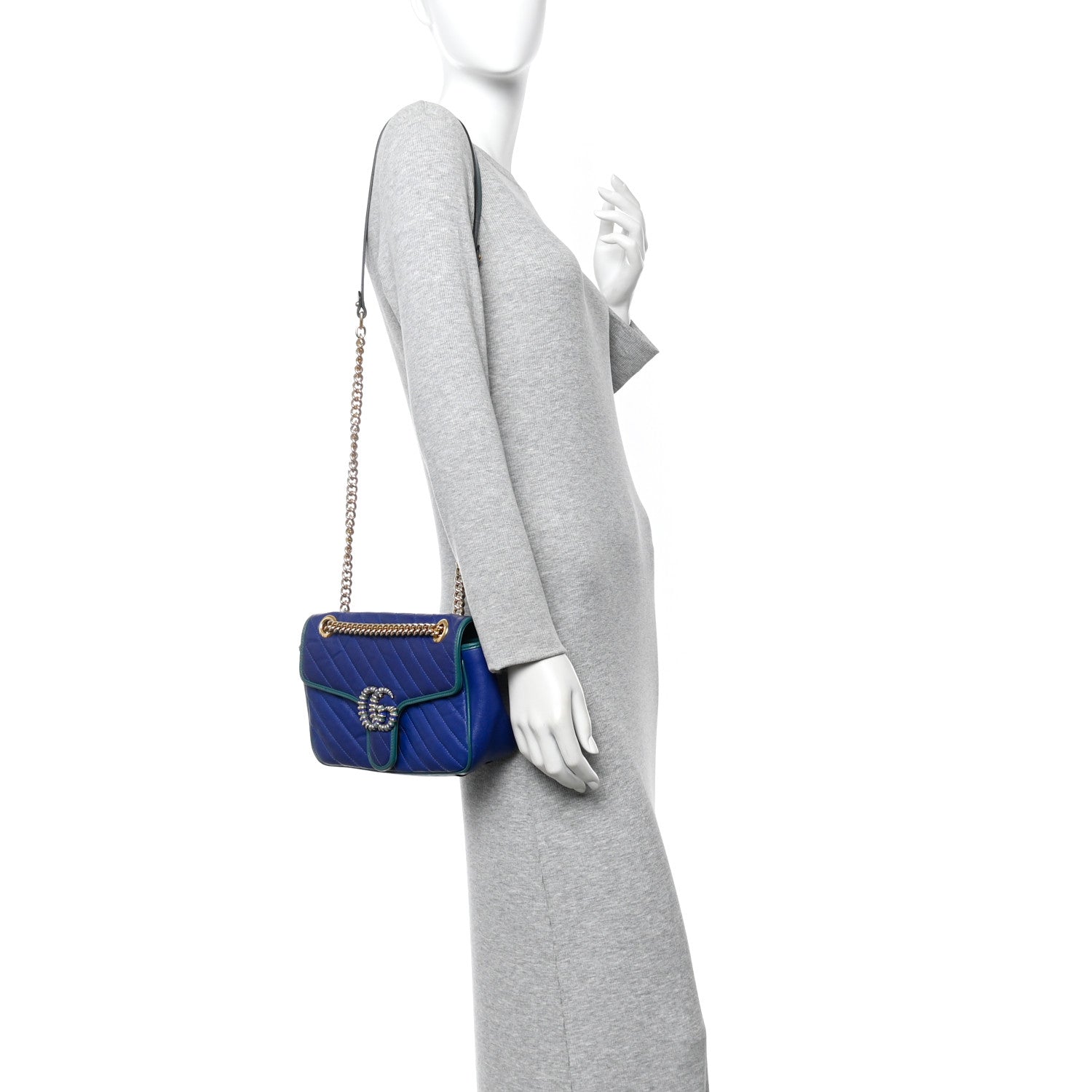 Gucci Azalea Calfskin Enamel Matelasse Diagonal Small Torchon GG Marmont Shoulder Bag Imperial Blue Pavone