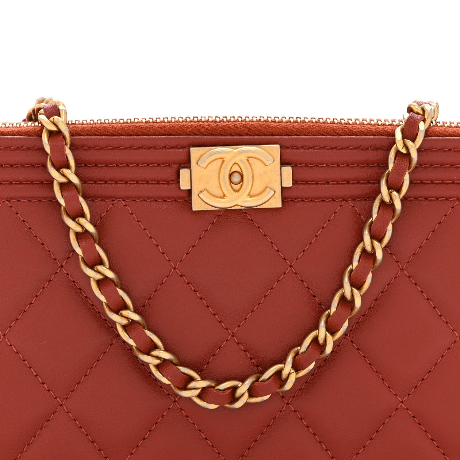 Chanel Lambskin Quilted Small Boy Clutch With Chain Orange