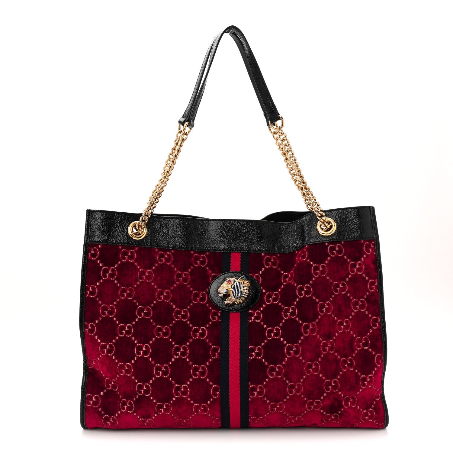 Gucci Velvet GG Monogram Large Rajah Chain Tote Red Cipria Black