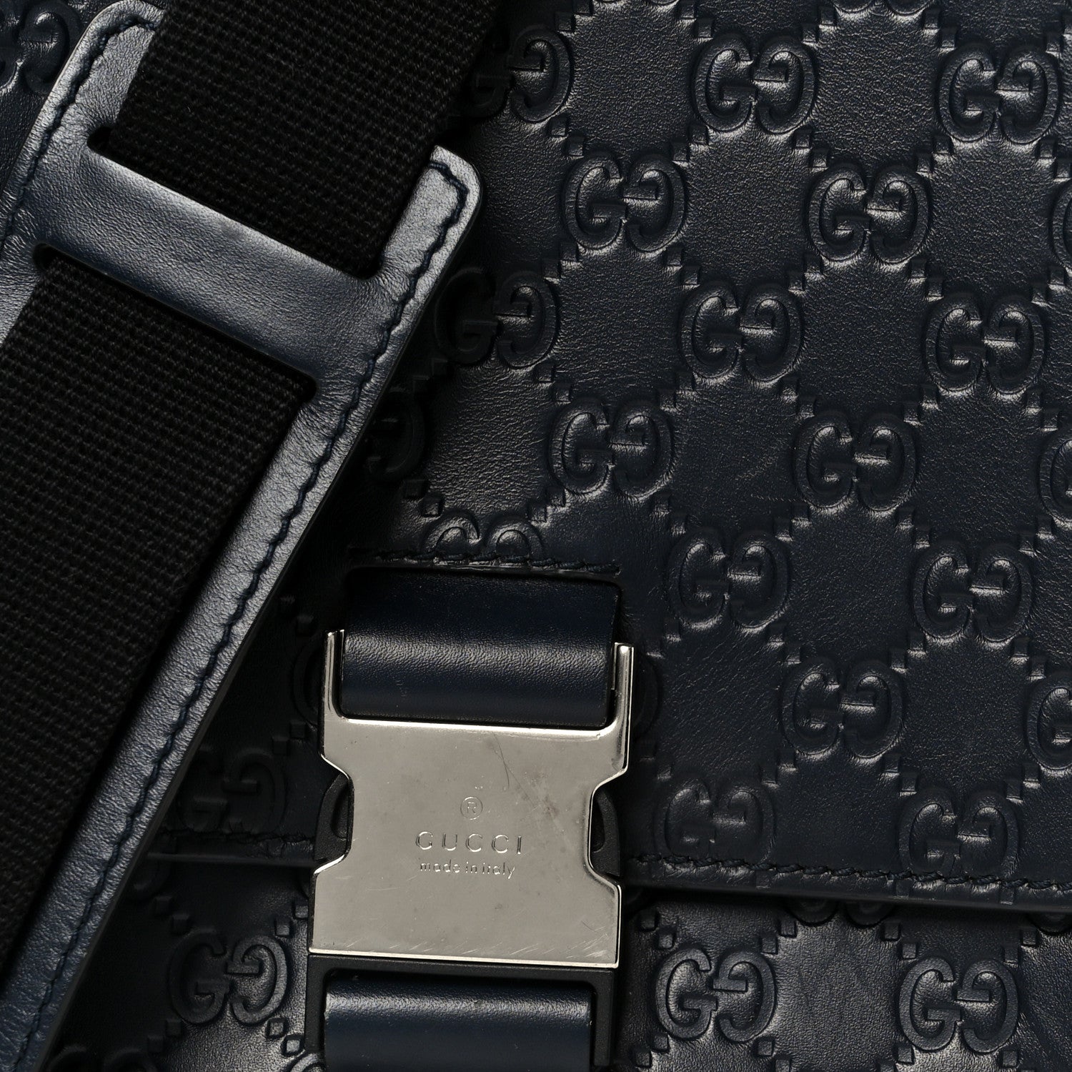 Gucci Guccissima Signature Single Buckle Flap Messenger Bag Navy