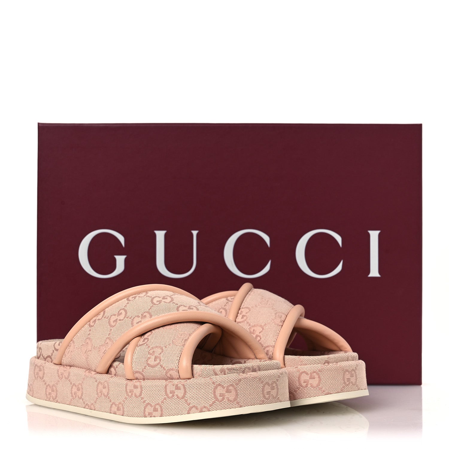 Gucci Monogram GG Calfskin Angelina Platform 55mm Slide Sandals 36.5 Light Pink