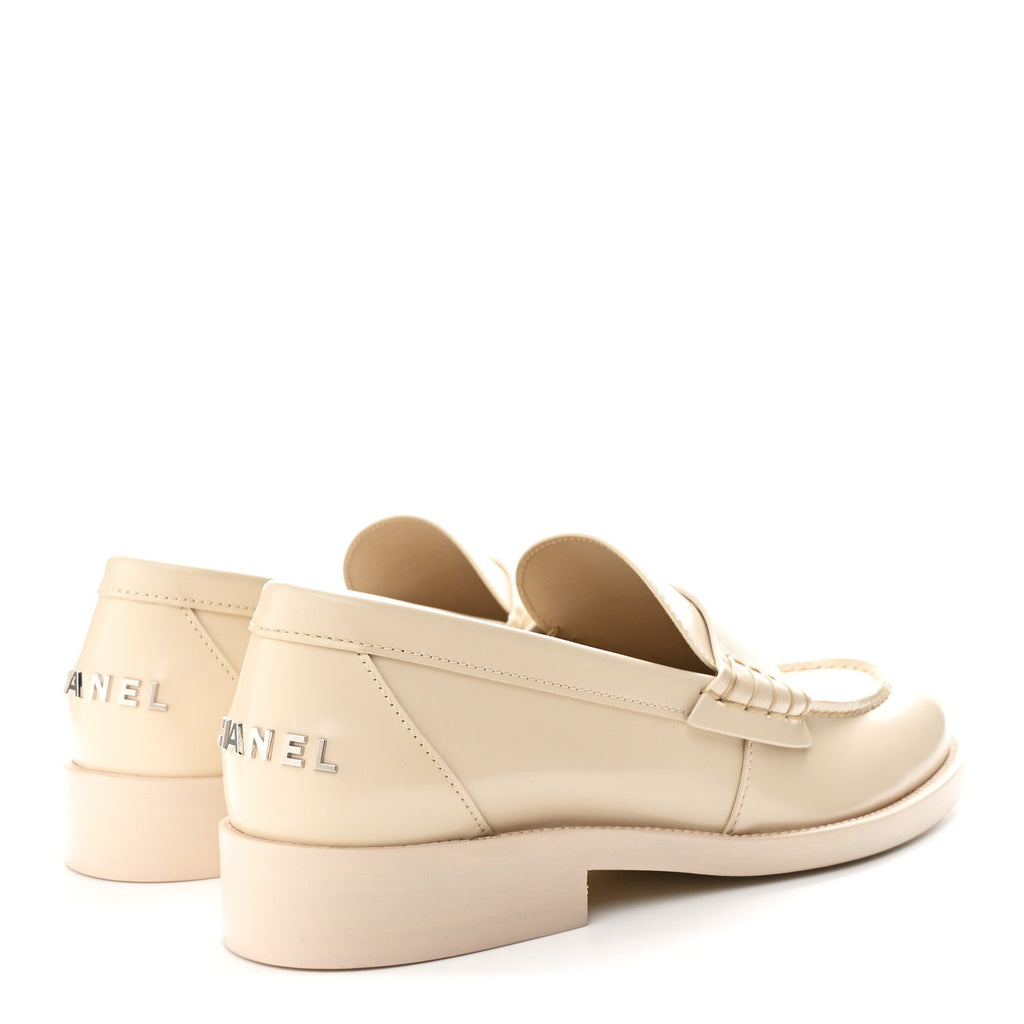 Chanel Shiny Calfskin Logo Loafers 39.5 Beige