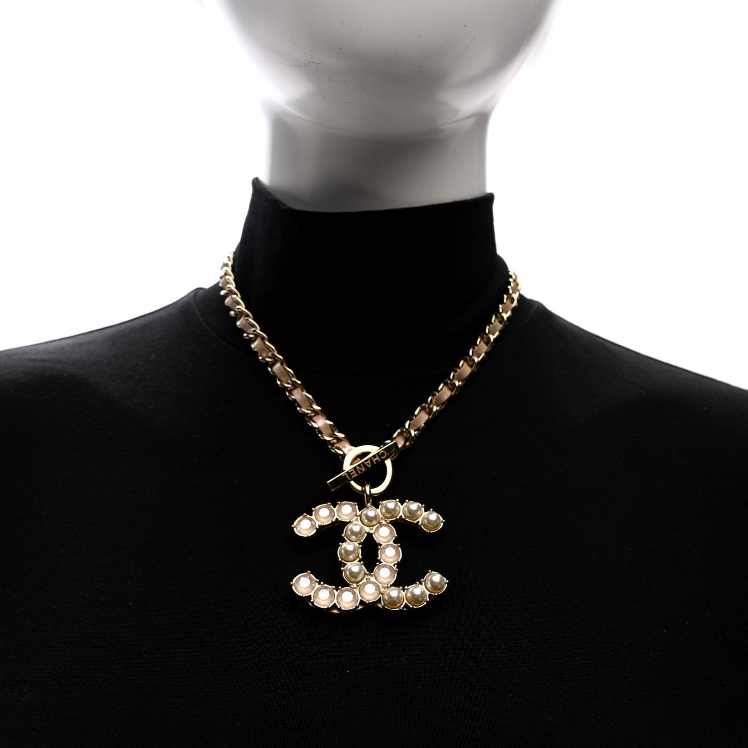 Pearl Crystal Lambskin Chain CC Dazzling Domino Necklace White Gold Pink
