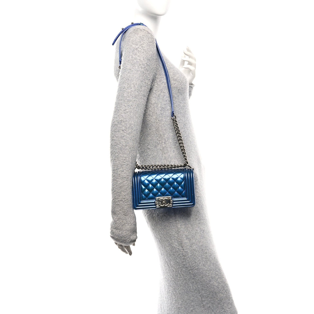 Chanel Metallic Patent Calfskin Quilted Small Boy Flap Blue