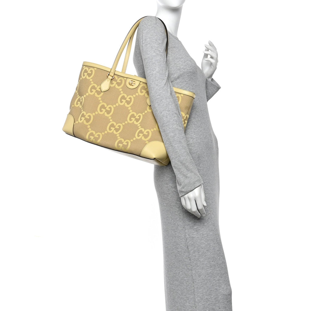 Gucci Monogram Jumbo GG Textured Dollar Calfskin Medium Ophidia Shopping Tote Beige Banana