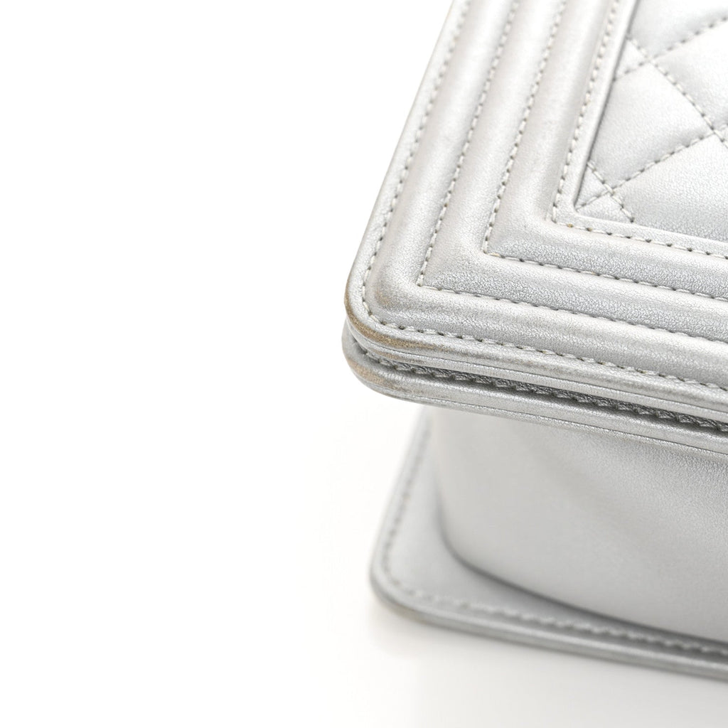 Chanel Metallic Calfskin Quilted New Medium Plexiglass Boy Flap Silver