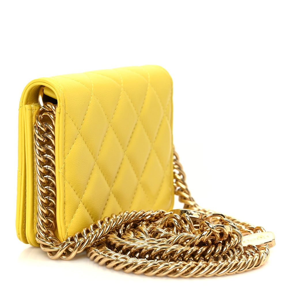 Chanel Lambskin Quilted Enamel Logo Flap Card Holder On Chain Yellow