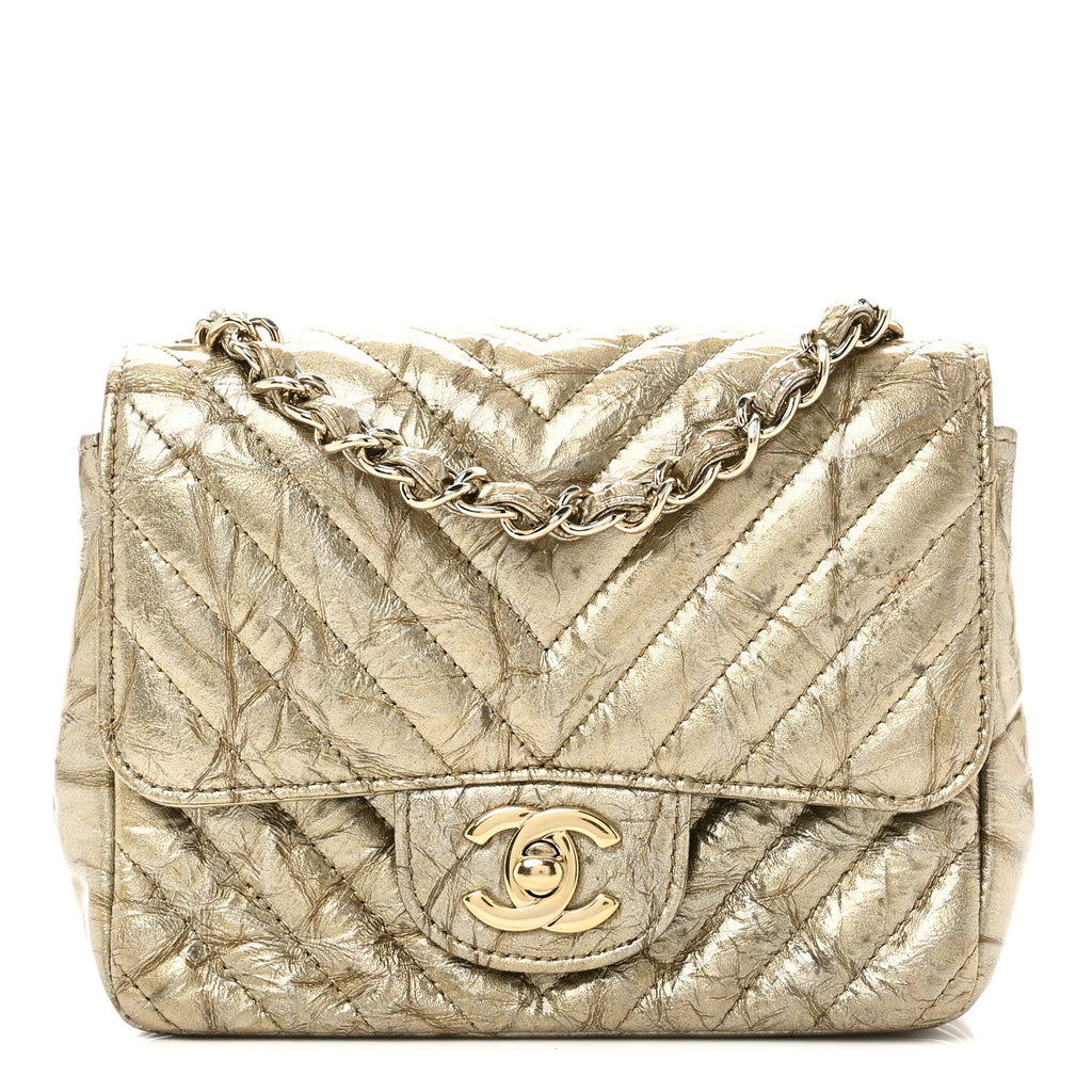 Chanel Patent Metallic Crumpled Calfskin Chevron Quilted Mini Square Flap Gold