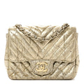 Chanel Patent Metallic Crumpled Calfskin Chevron Quilted Mini Square Flap Gold
