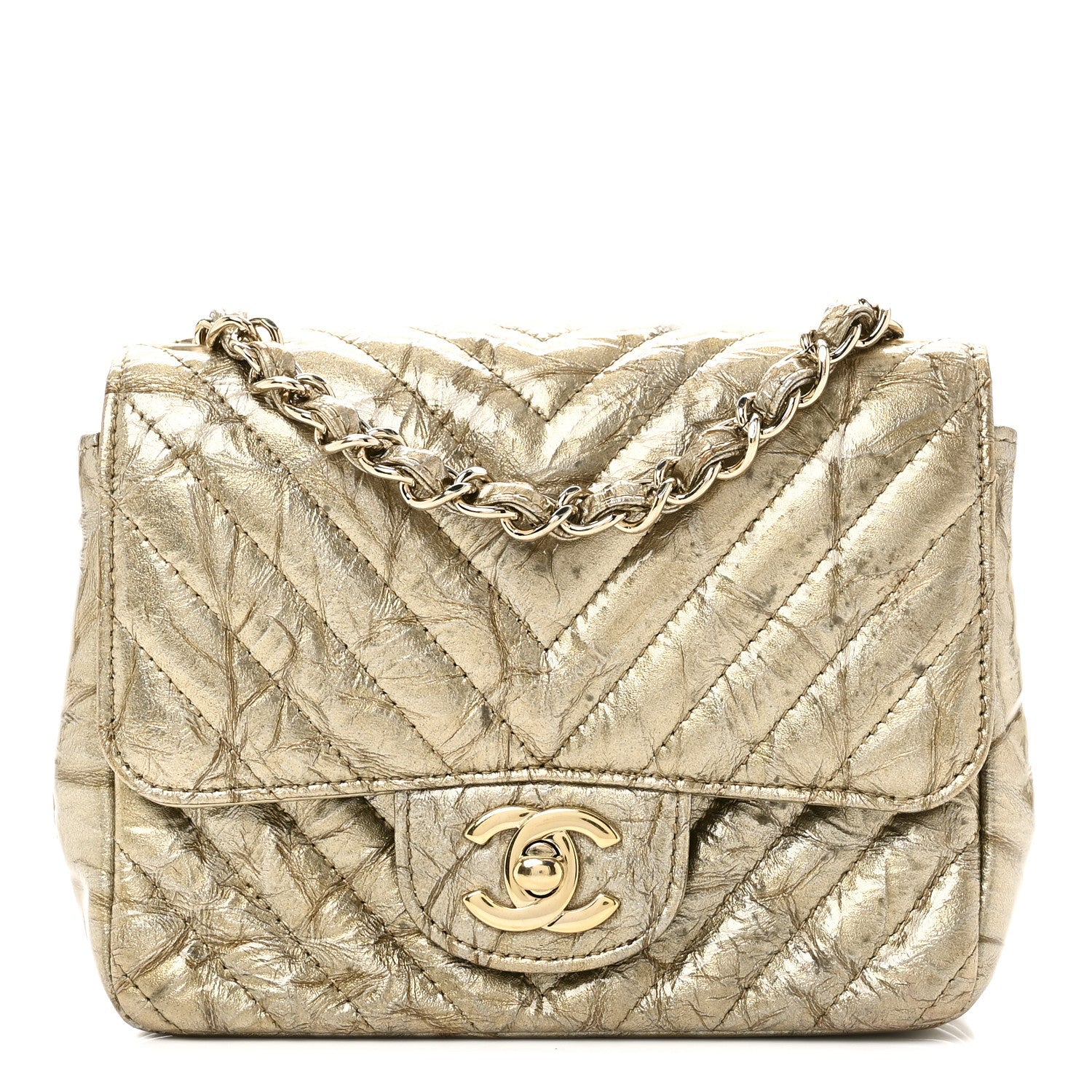 Chanel Patent Metallic Crumpled Calfskin Chevron Quilted Mini Square Flap Gold