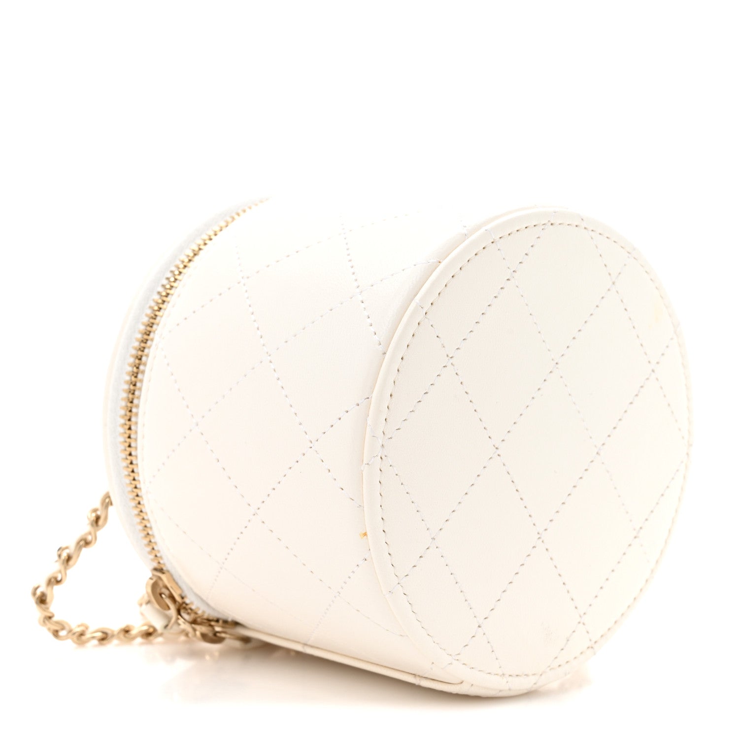 Chanel Lambskin Quilted Round Small Vanity Case With Chain White Black
