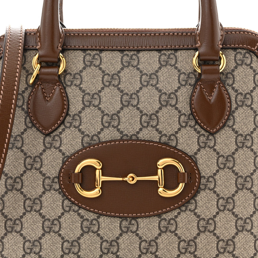 Gucci GG Supreme Monogram Azalea Calfskin Small Horsebit 1955 Top Handle Bag Beige Ebony Brown Sugar