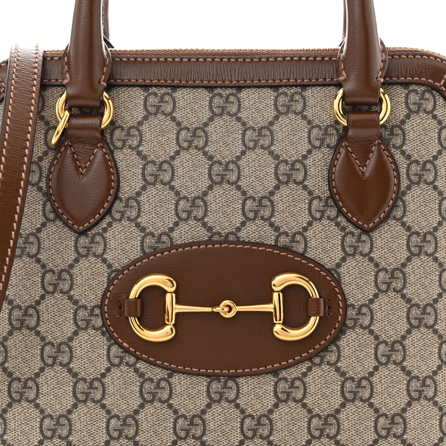 Gucci GG Supreme Monogram Azalea Calfskin Small Horsebit 1955 Top Handle Bag Beige Ebony Brown Sugar