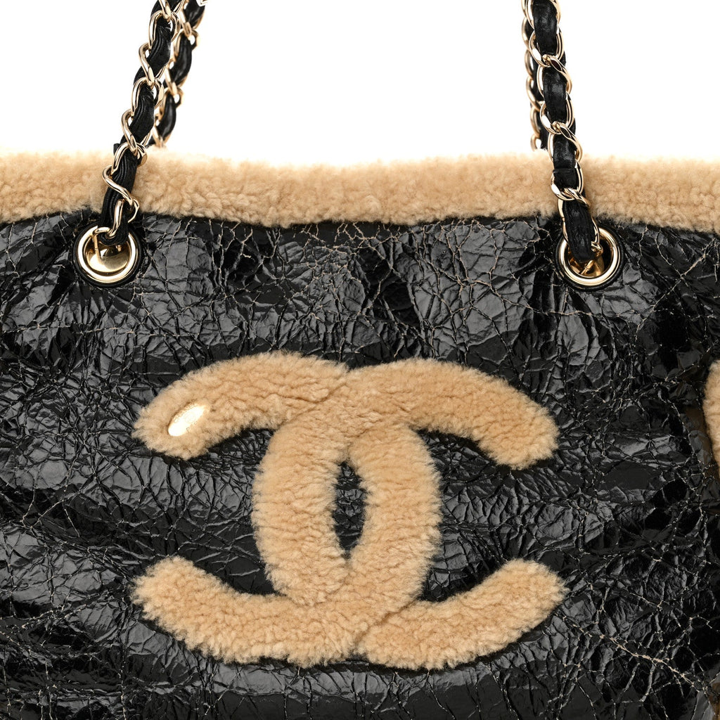 Chanel Shiny Crumpled Sheepskin Shearling CC Mania Tote Bag Black Beige