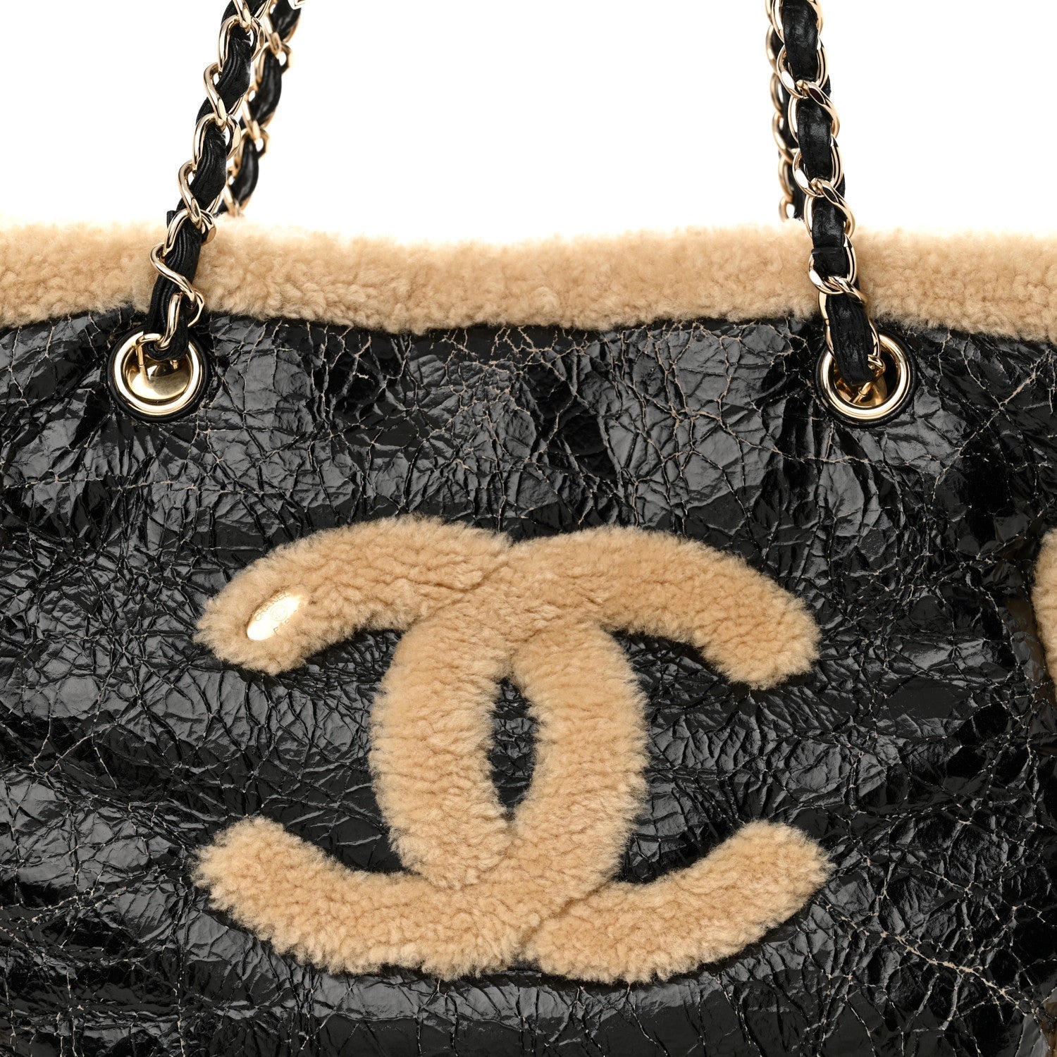 Chanel Shiny Crumpled Sheepskin Shearling CC Mania Tote Bag Black Beige