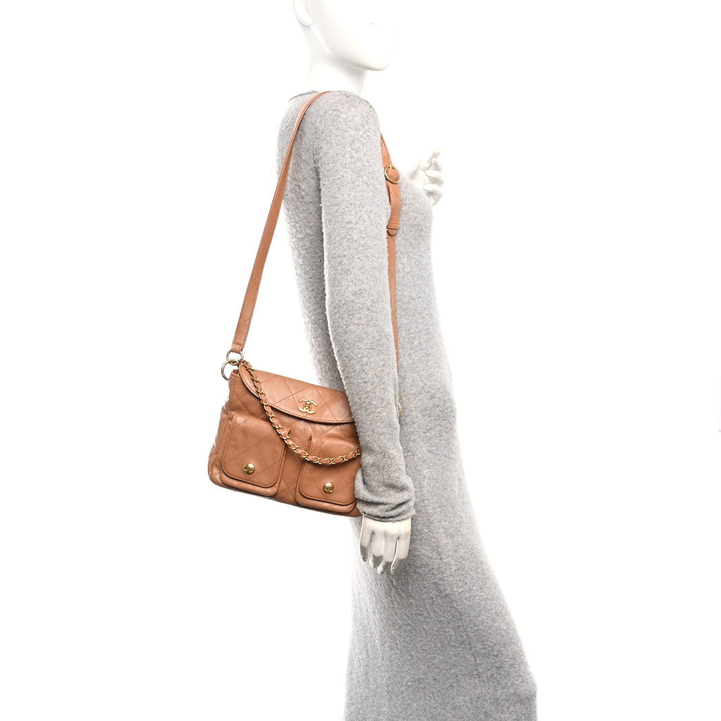 Chanel Shiny Calfskin Quilted Small Supple Twins Hobo Bag Brown
