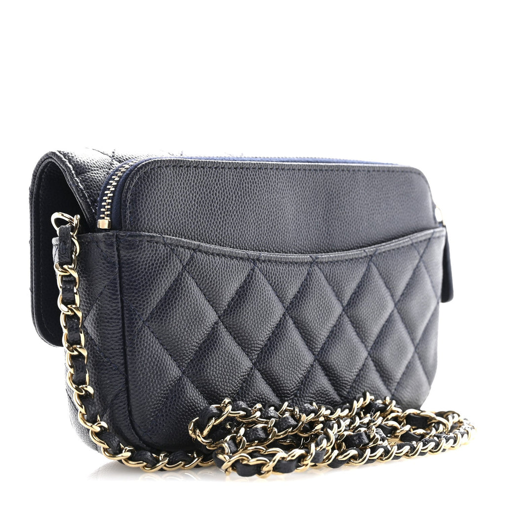 Caviar Quilted Flap Phone Holder With Chain Navy